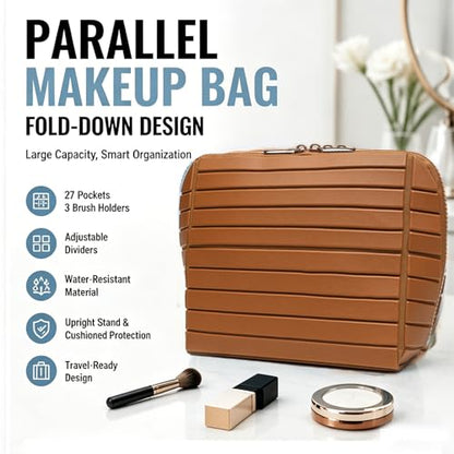 Makeup Bag, Travel Makeup Organizer Bag with Fold-Down Design and Adjustable Dividers, 27 Pockets & 3 Brush Storage Holders, Large Capacity Cosmetic Bags Toiletry Case (Brown)