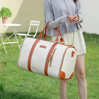 Weekender Travel Duffel Bag for Women, Carry On Overnight Bag with Shoe Compartment, Waterproof Large Capacity Travel Tote Bag with Adjustable Shoulder Strap, Beige & Brown - color: Beige