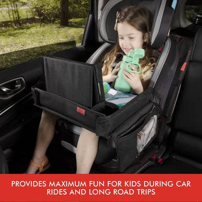 Lusso Gear Kids Travel Tray (Black) + Heavy Duty Car Seat Organizer (Black), Extra Large for Protection, Sag Proof & Reinforced Corners, Protects iPad & Backseat, 12 Versatile Car Seat Organizer Stora