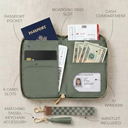 Beautiful Passport Holder And Travel Wallet with Wristlet Strap - color: Sage