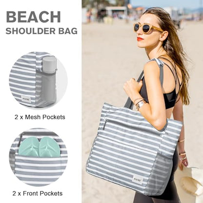 G4Free Beach Bag, Waterproof Sandproof Large Capacity Foldable for Women - color: Grey Stripe, size: 80L
