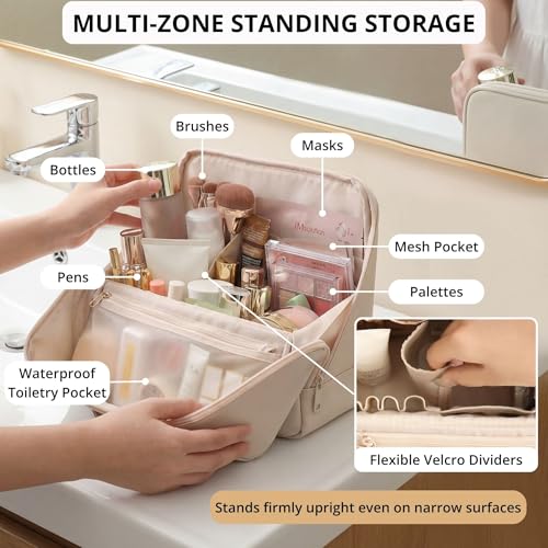 tianzong Travel Makeup Bag with Magnetic Fold-Down Flap, Waterproof Leather Cosmetic and Toiletry Organizer for Women, Multi-Zone Standing Storage, Cream, Large - color: L-Cream