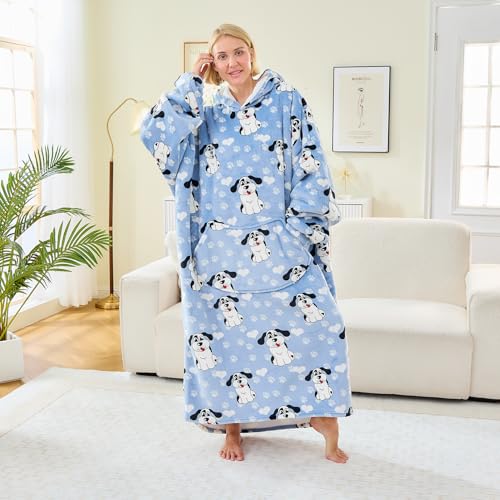 Moinlizy Oversized Wearable Blanket Hoodie for Women Men - color: Blue Dog