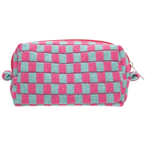 Checkered Makeup Bag for Purse, Small Travel Cosmetic Pouch,Magenta Green - color: Magenta Green