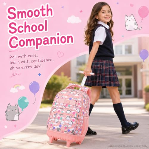 KLFVB Girls Rolling Backpack, 3PCS Womens Roller Bookbag with Lunch Bag for Kids, Wheeled School Bag for Children - Pink Cloud Cat - color: Pink Cloud Cat