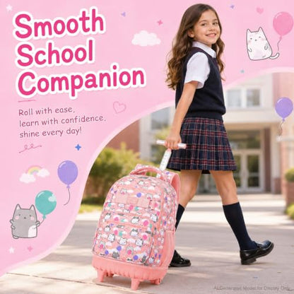 KLFVB Girls Rolling Backpack, 3PCS Womens Roller Bookbag with Lunch Bag for Kids, Wheeled School Bag for Children - Pink Cloud Cat - color: Pink Cloud Cat