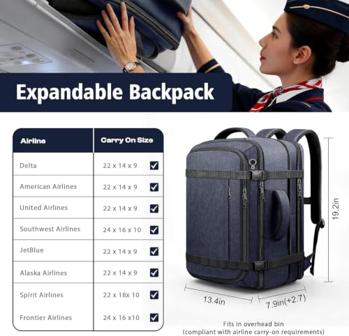 Travel Backpack with LifetimeWarranty,Expandable Carry on Backpack,Blue - color: Blue, size: 17.3inch - 19.2"x13.4"x7.9"(+2.7")