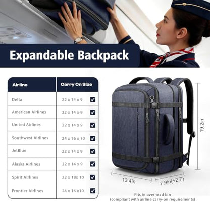 Travel Backpack with LifetimeWarranty,Expandable Carry on Backpack,Blue - color: Blue, size: 17.3inch - 19.2"x13.4"x7.9"(+2.7")