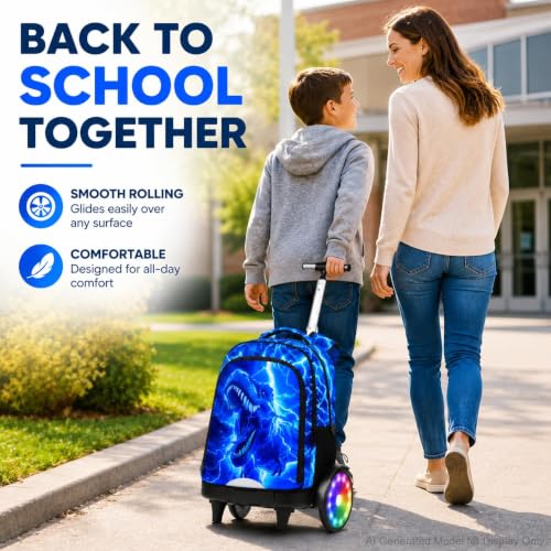 20 Inches Large Wheels Rolling Backpack for Boys with Light Up, 3Pcs Kids Lightning Dinosaur Wheeled Backpack Set for Elementary School (Blue) - color: Lightning Dinosaur(large Wheels)