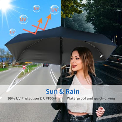 Compact Mini Windproof Travel Umbrella-UPF 50+ Sun & Rain Protection, Small Folding Design Fits in Pocket or Purse, Lightweight Portable with Case for Women, Men & Kids - color: Navy Blue