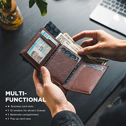VULKIT Pop up Card Wallet Minimalist Cash Wallets RFID Blocking Leather Smart Credit Card Holder with ID window for Men (Espresso) - color: Espresso