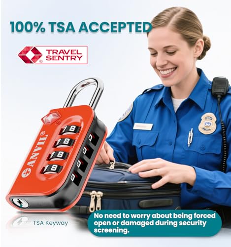 ANVIL TSA Approved Luggage Lock - 4 Digit Combination, 10,000 Combinations, Easy-Read Password Window, Travel Lock for Suitcases, Backpacks, Gym & Student Lockers, Baggage - color: ORANGE 2 PACK