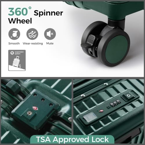 Carry on Luggage Aluminium Frame with Cup Holder,Top opening Suitcases and USB Charging Port,Lightweight with Front Pocket Rolling Suitcases with Spinner Wheels (Green, 20Inch) - color: Green