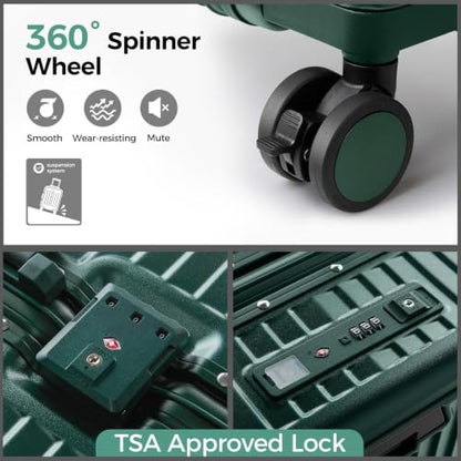 Carry on Luggage Aluminium Frame with Cup Holder,Top opening Suitcases and USB Charging Port,Lightweight with Front Pocket Rolling Suitcases with Spinner Wheels (Green, 20Inch) - color: Green