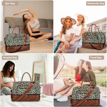 Large Women Travel Weekender Bag: Carry on Duffle with Shoe Compartment - color: Brown Leopard Print