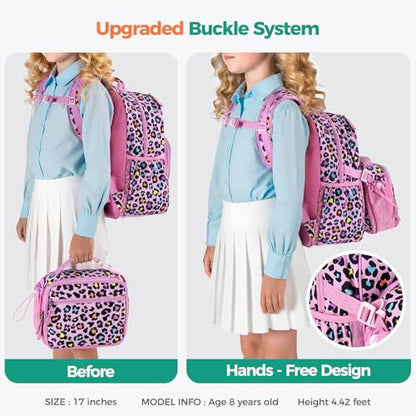 Choco Mocha Cheetah Backpack Set Kids Backpacks for Girls, Girls Backpack with Lunch Box & Water Bottle, Elementary School Bookbag Age 6-8 17 Inch, Laser Pink - color: Cheetah Pink Purple