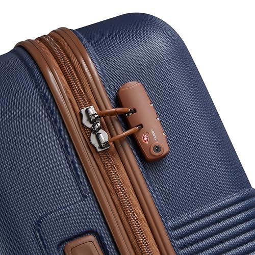 DELSEY PARIS Flanerie SE - Hardside Checked In Luggage 24 Inch - 360° Dual Spinner Wheels - TSA Lock - Lightweight Polycarbonate Travel Suitcase with Vegan Leather, Blue - color: navy, style: 24" Spinner
