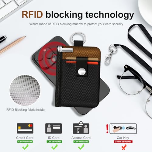 Minimalist RFID Blocking Small Wallet with ID Window,WaterResistant Zip Id Case Wallet with Lanyard Keychain for Cards,Cash,Travel,Women,Men (Black/Brown) - color: Black/Brown