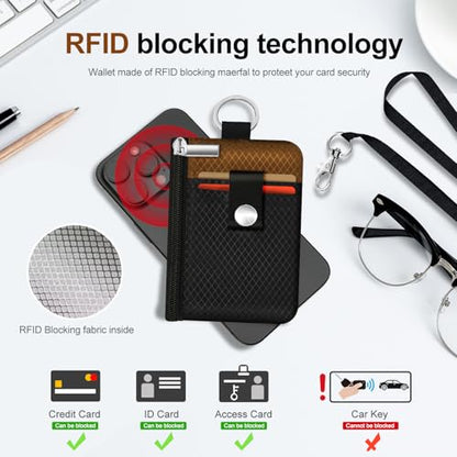 Minimalist RFID Blocking Small Wallet with ID Window,WaterResistant Zip Id Case Wallet with Lanyard Keychain for Cards,Cash,Travel,Women,Men (Black/Brown) - color: Black/Brown