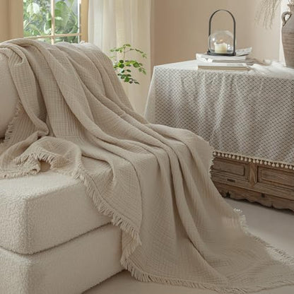 Muslin Fringe Blankets for Adults: 100% Cotton Cloud Soft King - color: Beige, size: King (104" × 90")