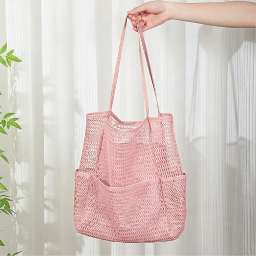 Large Beach Bags for Women, Mesh Beach Tote with Zipper, Foldable Pool Tote Bag Travel Beachbag Waterproof Sandproof - color: Pink - More Pockets