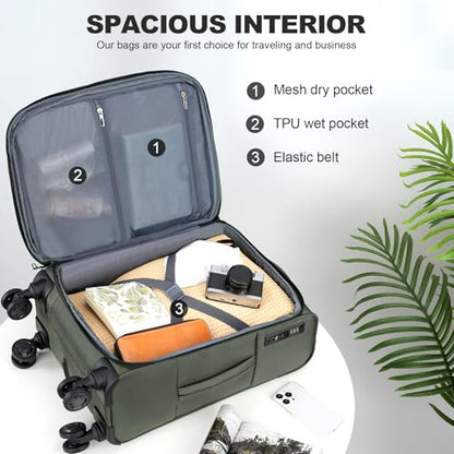 KROSER Softside Expandable Carry On Luggage with Front Business Pockets，20 Inch Suitcases with Spinner Wheels & Built-in TSA Lock, Durable Suitcase Rolling Luggage with USB Port, Army Green - color: Army Green-20, size: 20 inch