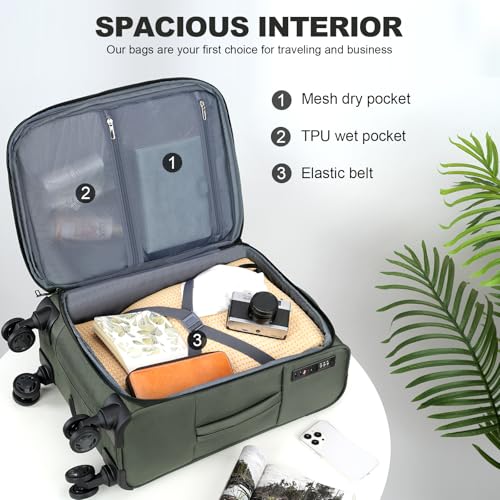 KROSER Softside Carry On Luggage 20 Inch, Suitcase Rolling Luggage - color: Army Green-20, size: 20 inch