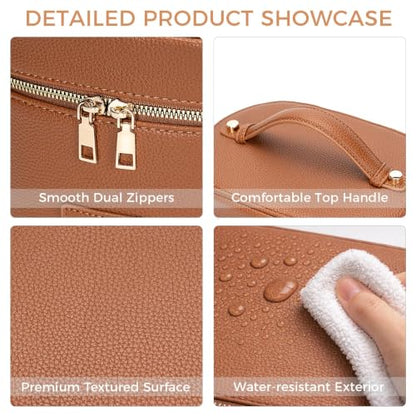 BAGOK Leather Vanity Case Makeup Bag with Removable Divider, Washable Compartments, Dual Zipper & Carry Handle – Travel Toiletry Organizer for Women - color: Brown