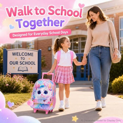 HPJGD 3PCS Cat Rolling School Bag for Girls, Girls Backpack with Wheels, Water Resistant Reversible Sequins Wheeled Backpack Set with Lunch Box - color: Sequin Cat