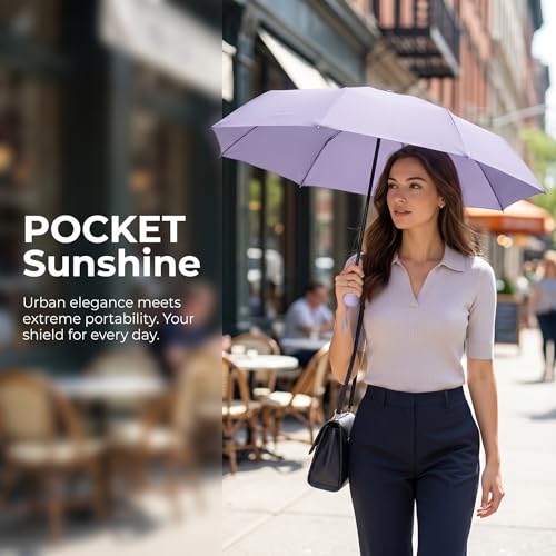 Ultra-Light 5-Fold Capsule Umbrella with Hard Case Mini 6-Bone Compact Travel Parasol Black Coating Sun Shade & Rain Shelter Portable Windproof Umbrella for Women Commuting Beach - color: Light Purple