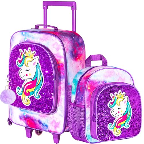 2PCS Girls Suitcase Set, 18" Kids Unicorn Carry on Luggage with Wheels, Cute Sequin Children Travel Rolling with 12" Toddler Backpack(Purple) - color: Unicorn Purple