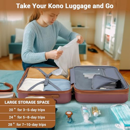 Kono Expandable 28 Inch Luggage with Spinner Wheels, Large Checked Luggage with Lock, Lightweight & Anti-Scratch PC+ABS Hardshell Travel Suitcase, Burgundy/Brown - color: Burgundy/Brown, size: Checked-large 28-inch