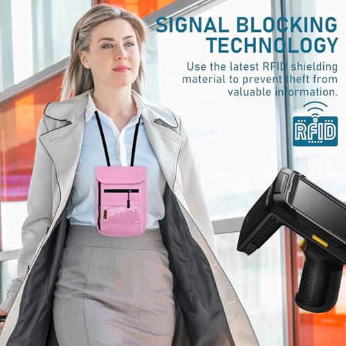 Travel Neck Wallet & RFID Blocking Sleeves for Men and Women, Neck Money Pouch Anti Theft Travel Document Organizer with Adjustable Strap - Pink - color: Pink