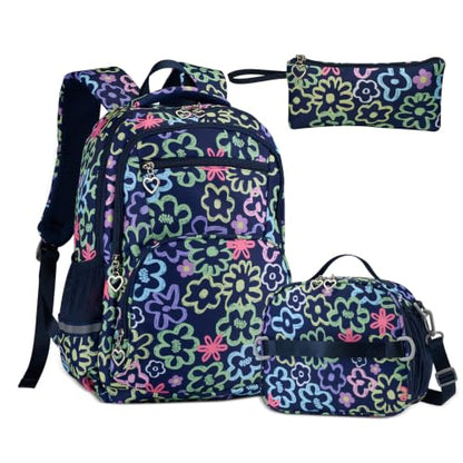 Rexmore Girls 3Pcs Backpack Set with Lunch Box & Pencil Case, Royal Blue - color: Royal Blue