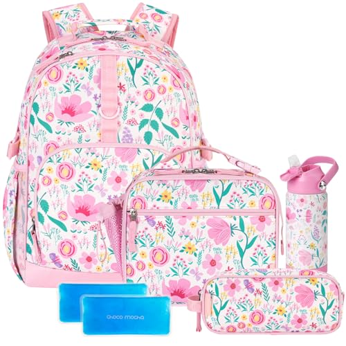 Choco Mocha Floral Backpack Set Kids Backpacks for Girls, Girls Backpack with Lunch Box & Water Bottle, Elementary School Bookbag Age 6-8 17 Inch, Pink - color: Floral Pink