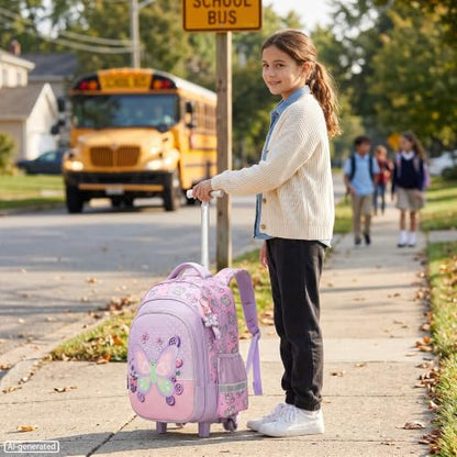 Meetbelify Rolling Backpack for Girls Butterfly Backpack with Wheels Kids Purple Roller Suitcase Travel Luggage for Elementary Student Ages 6-8 - color: Butterfly