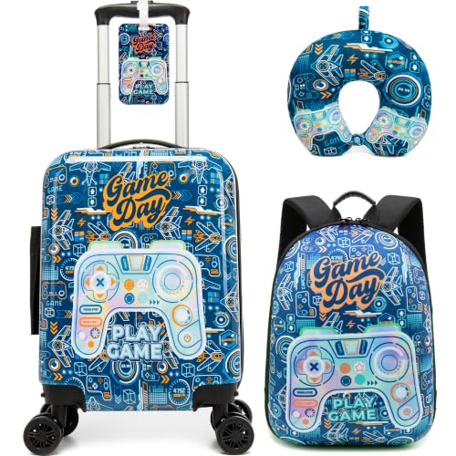 Kid's Luggage Set 4 Piece Suitcase Set 16" Hardside Luggage with Spinner Wheels Boys Carry on Toddler Travel Rolling Suitcase Airline Approved - color: Blue Game Console
