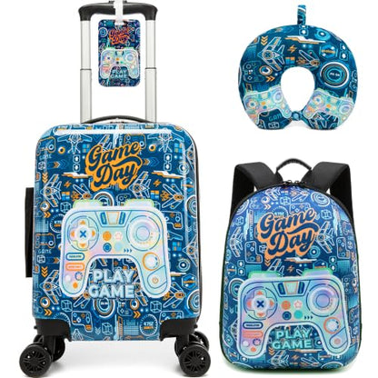 Kid's Luggage Set 4 Piece Suitcase Set 16" Hardside Luggage with Spinner Wheels Boys Carry on Toddler Travel Rolling Suitcase Airline Approved - color: Blue Game Console
