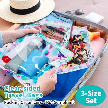HIONXMGA Set of 3 Clear Travel Toiletry Bag, TSA Approved, Quart Size S/M/L - color: Watercolor, Mixed Sizes
