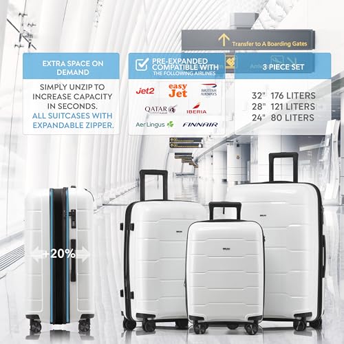 3-Piece Luggage Set Expandable Hardside Polypropylene Suitcase Set with TSA Locks & 8 Silent Spinner Wheels Lightweight Nested Suitcases Travel Set American Airline-Approved Carry-On - White - color: White, size: 3-Piece Set