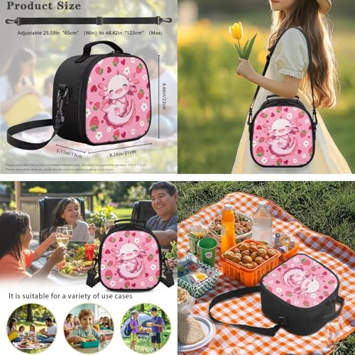 Axolotl Backpack for Girls Kids Bookbag 4-in-1 Set for Elementary & Middle School Pink Strawberry Design Backpack with Lunch Box, Pencil Bag, Water Bottle Sleeve - color: Axolotl Strawberry