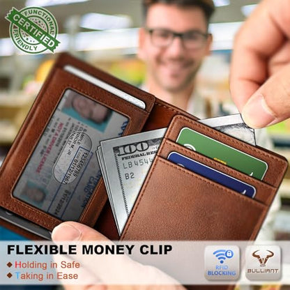 BULLIANT Slim Leather Wallet For Men 12Cards Magnetic Closure RFID Blocking - color: Brick Brown6492
