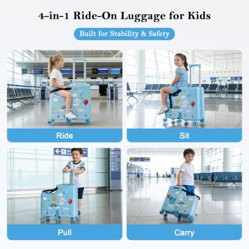 Ride on Suitcase for Kids, Hard Shell Kids Luggage with Belt, Foldable Pedal & Front Grab Handles, Hidden Cup Holder, TSA Lock, 6 Spinner Wheels, Kids Carry on Suitcase for Travel, Blue - color: Blue