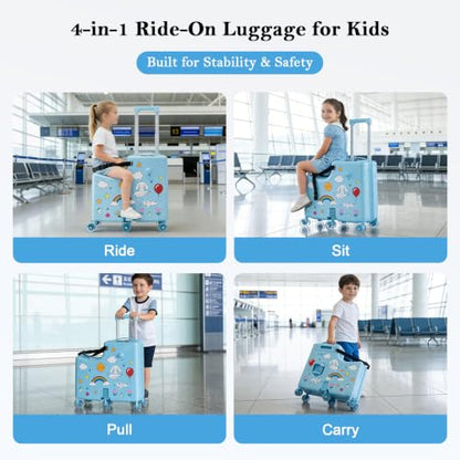 Ride on Suitcase for Kids, Hard Shell Kids Luggage with Belt, Foldable Pedal & Front Grab Handles, Hidden Cup Holder, TSA Lock, 6 Spinner Wheels, Kids Carry on Suitcase for Travel, Blue - color: Blue