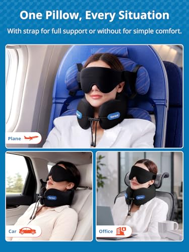 SARISUN Travel Neck Pillow with Strap & Eye Mask for Airplane Sleep Support - color: Grey&black