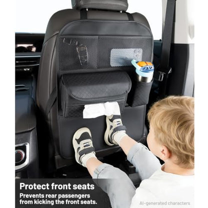 Car Back Seat Organizer, PU Leather Backseat Organizer with Cup Holder, Tissue Box Holder & Storage Pockets for SUV, Truck, Sedan - Kick Mat Full Protection