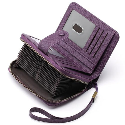 GAEKEAO Leather Credit Card Holder Wallet for Women RFID Blocking Large Capacity Bifold Zipper Card Case Organizer with Wristlet 32 Slots - color: A05-Purple-Large