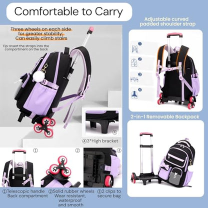 Purple Rolling Backpack for Girls Kids Trolley Rolling School Bag Wheeled Backpack for Elementary School Roller Bookbags on 6 Wheels, Purple - color: 6 Wheels Purple, style: 6 Wheels