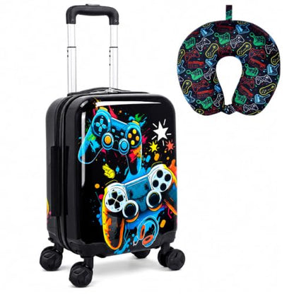 UFNDC Lightweight Hardshell Spinner Kids Suitcase Set 2PCS with Wheels - Airplane Approved Carry-On Luggage for Boys & Children Ages 3-10, Fun Game Rolling Suitcases for Elementary Toddler Travel - color: Black Fun Game Luggage 2PCS Set