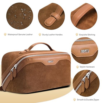 BOYATU Genuine Leather Travel Makeup Bag: Hand-made 3 Pcs Set Cosmetic Bags - color: 06Caramel